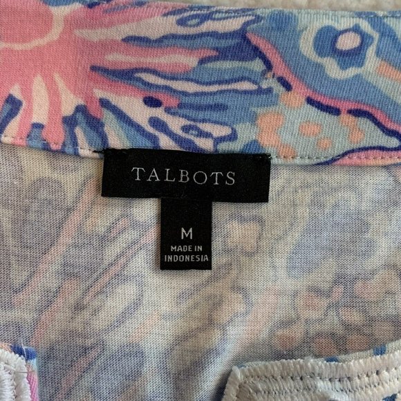 Talbots Women's Size Medium Blue Pink Floral Tunic White Applique 3/4 Sleeve - Picture 6 of 7